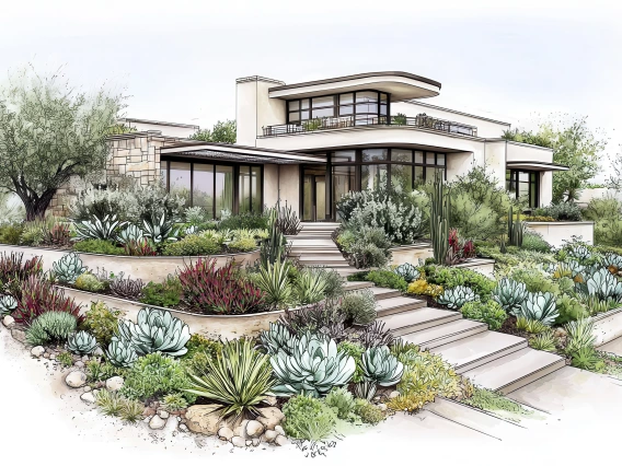 Rendering of a low-water-use landscape